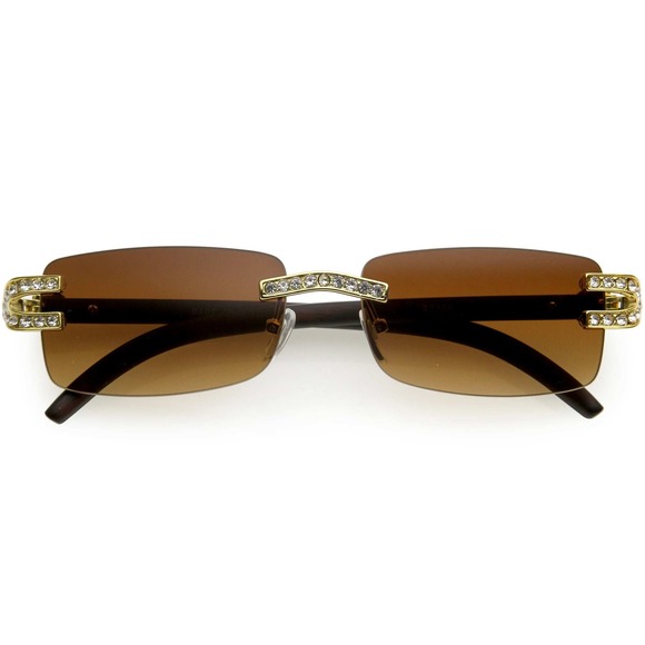 Rhinestone Sunglasses Rimless Buffs Brown Lens Fashion Shades Music Party Shades - Picture 1 of 4